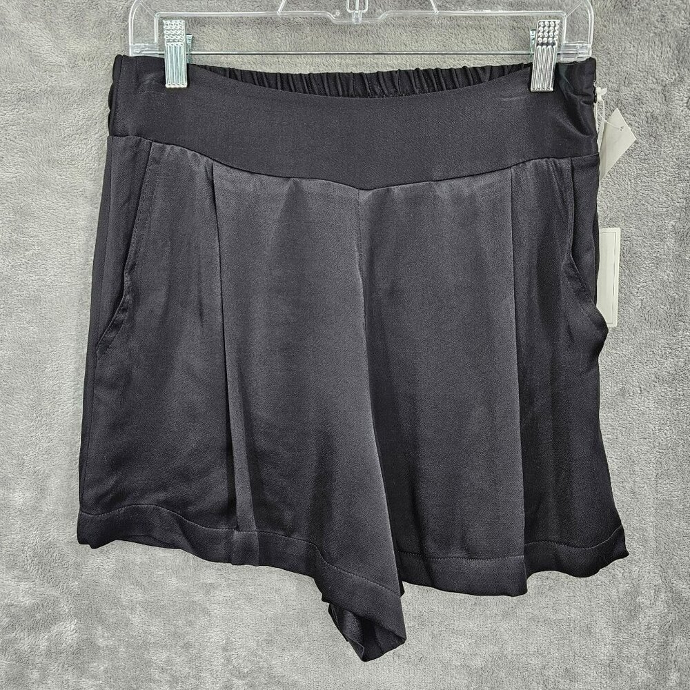 1 State On Point Satin Shorts S Black Flat Front Elastic Waist Zip High Rise New - Picture 1 of 12